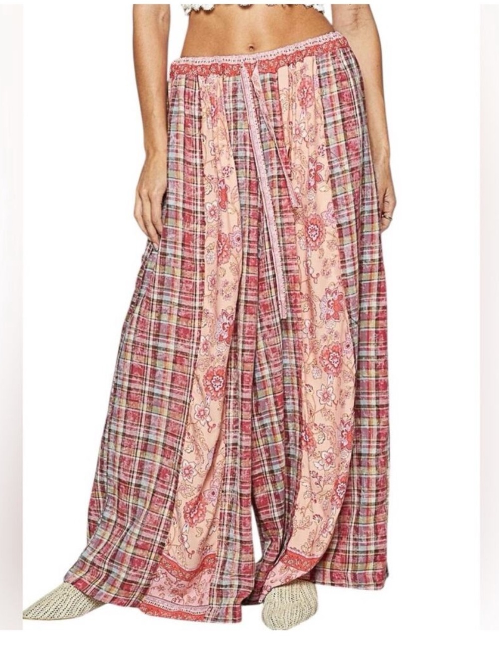 POL Women's Wide Leg Pants - Red and Pink Plaid